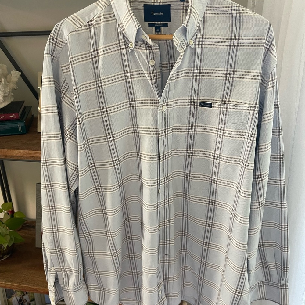 Faconnable Men's White and Gray Plaid Shirt